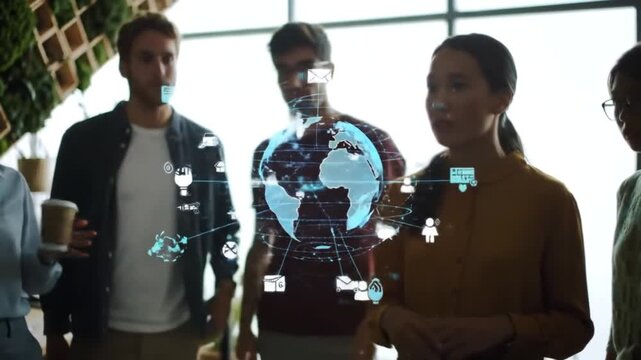 Diverse team collaborating with digital globe in modern office - Powered by Adobe