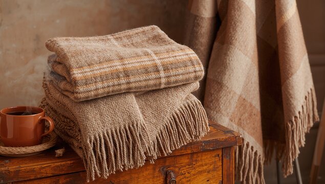 stack of beige checkered wool blankets and cup on a wooden chest, seasonal warmth, autumn - winter concept - Powered by Adobe