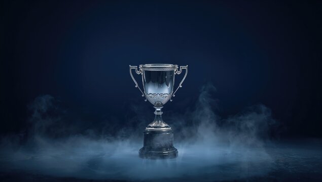 Silver Trophy illuminated in darkness with smoke, competition theme, background for text layout