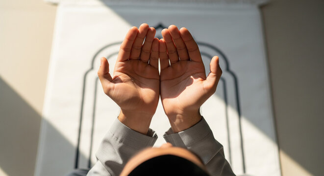 Top view of Muslim hands raised in dua on a prayer mat during a peaceful spiritual moment of worship