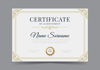 Elegant and luxurious certificate template with badge. Classic frame pattern diploma