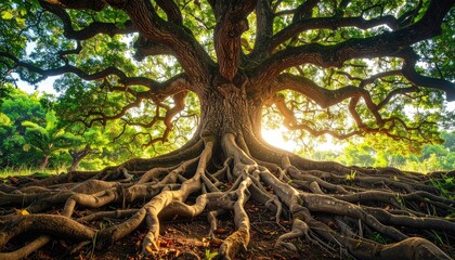 Majestic ancient oak tree with sprawling exposed roots illuminated by warm golden sunlight filtering through lush green foliage creating a magical serene natural landscape