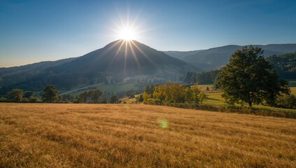 Obraz premium Sun shining brightly in a clear sky over a mountain and dry grassland with tall trees, seasonal change
