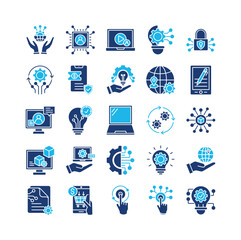 Technology icon set collection. Containing services, operation, program, efficiency, profit, touch, agreement  .Solid vector icons collection