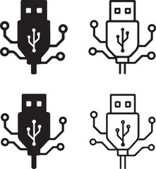 Circuit USB Plug Icon Set, tech usb plug icons, digital connector design, smart port outline, minimal filled usb plug, thin stroke cable vector, isolated usb icon set for tech buyers