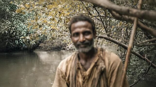 A weathered man with a gray beard in brown robes stands by a river, leaning on a wooden staff in a forested setting.
