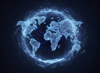 Luminous world map visualization with network connections on a dark background, concept for global communication network, technology infrastructure and worldwide data sharing