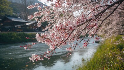 Blooming cherry blossoms lining a riverbank during summer, highlighting seasonal beauty