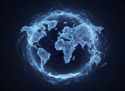 Luminous world map visualization with network connections on a dark background, concept for global communication network, technology infrastructure and worldwide data sharing