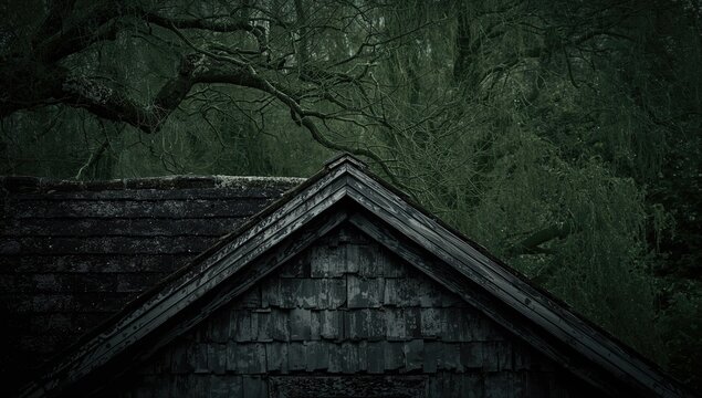 The textured surface of a roof with a tree backdrop, ideal for editorial header background