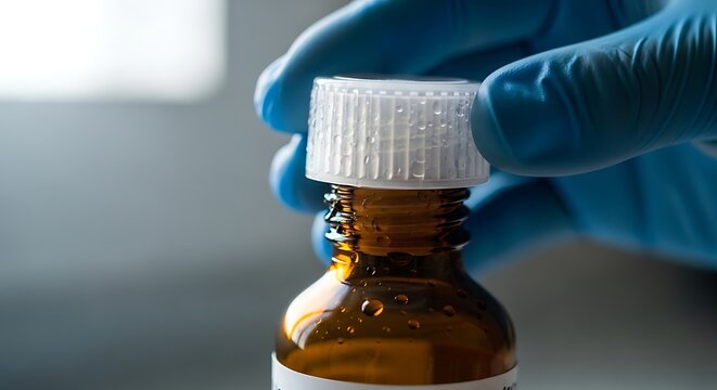 Person Wearing Blue Glove Handling Amber Glass Medicine Bottle with White Cap in Medical Environment - Powered by Adobe