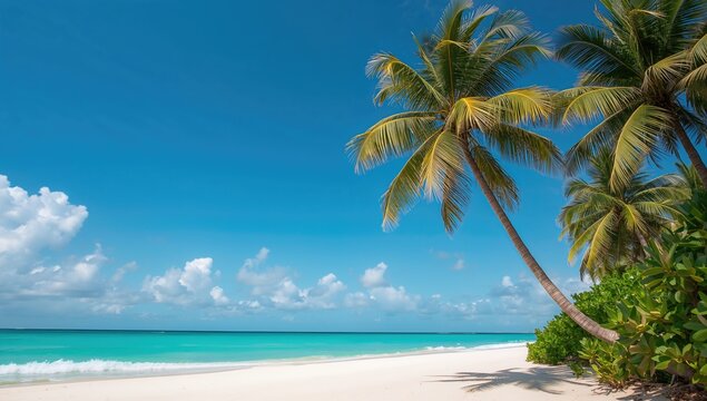 Palm tree against a clear blue sky, showcasing a tropical setting, ideal for a vacation theme.
