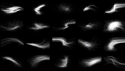 A collection of abstract, white, glowing elements against a deep black background