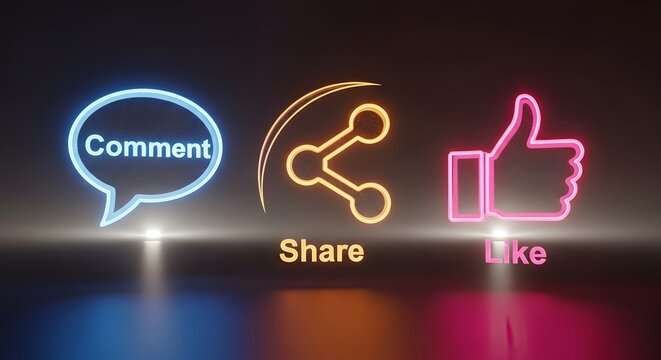 Glowing neon icons of comment, share, and like on a dark background