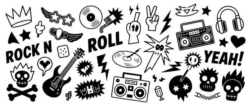 rock and roll punk doodle vector set