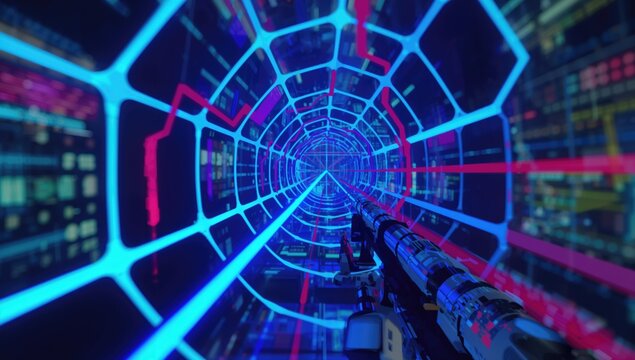 3D render of a colorful neon virtual reality tunnel, immersive digital experience,