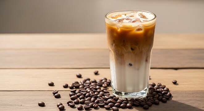 Iced latte in glass with coffee beans on wooden table for refreshing caffeine boost