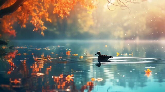 Duck swimming on a calm autumn lake at sunrise