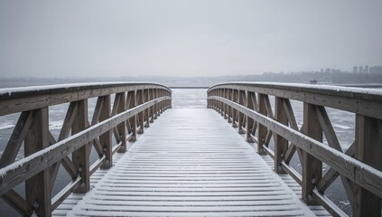 Wooden bridge blanketed in snow, showcasing winter's impact on infrastructure