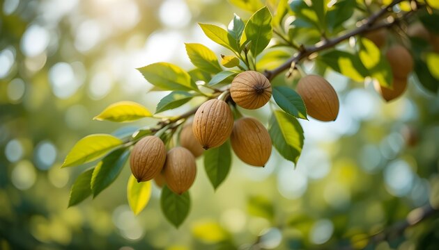 “Close-up of almonds growing on tree branches with green leaves, natural sunlight, soft bokeh background, agricultural and organic concept.”