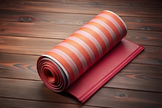 Rolled up orange and white patterned yoga mat on wooden surface