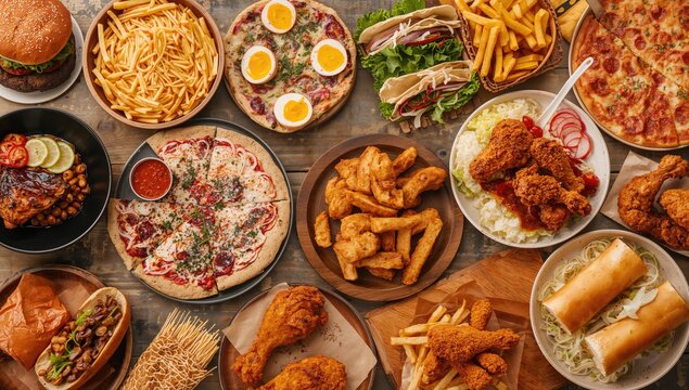 Assortment of well-known international dishes. Famous and tasty quick meal choices.