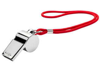 Silver metal whistle with red lanyard isolated on transparent background