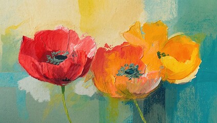 Abstract painting featuring red and yellow flowers with textured brush strokes, suitable for editorial header background