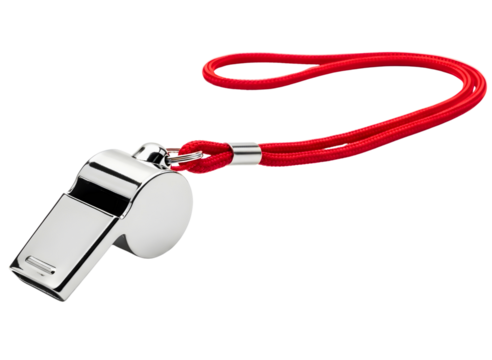 Silver metal whistle with red lanyard isolated on transparent background