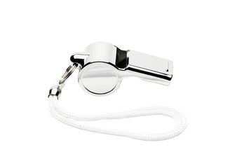 Silver metal whistle with white lanyard isolated on transparent background