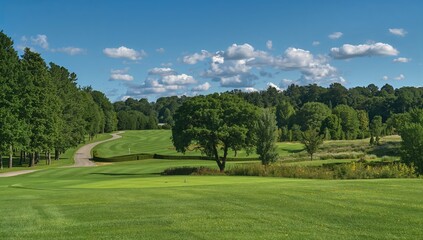 Lush green golf course with a winding cart path, focus on maintenance