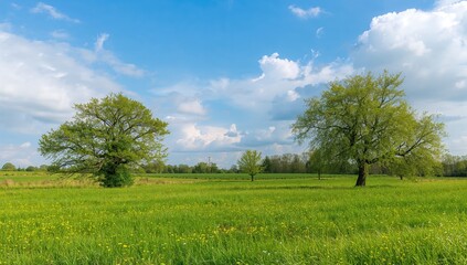Fototapeta premium Rural scenery featuring trees and greenery, reflecting seasonal change