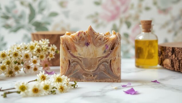 Close-up of unique handmade soap on a white surface with floral accents, artisanal quality