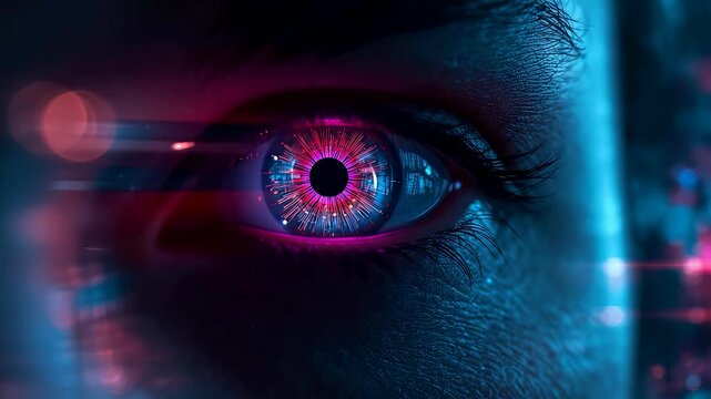 Extreme closeup of human eye with glowing red and blue cybernetic iris pattern in dramatic lighting - Powered by Adobe