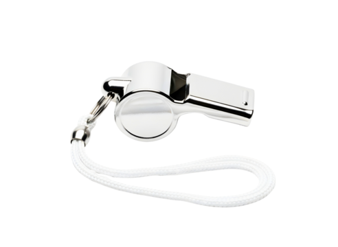 Silver metal whistle with white lanyard isolated on transparent background