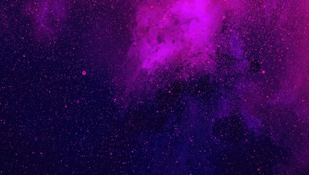 Neon gradient of dark purple and pink hues, shimmering particles and cosmic dust create a fluid art texture