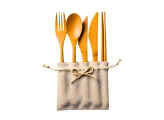 Bamboo cutlery set in a pouch isolated on transparent background