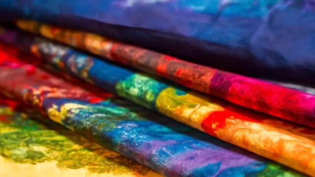 Close-up of folded vibrant fabrics with colorful hues. Diverse folds creating rich visual texture