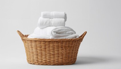 Obraz premium Wicker basket placed against a white backdrop containing clean towels, ideal for home organization