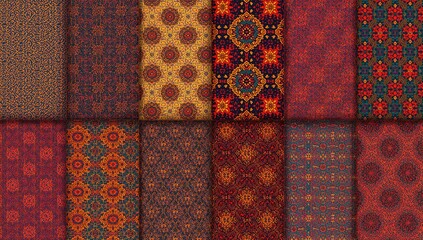 Seamless ethnic geometric designs on colorful backdrops for interior decor, textiles, and fashion, aesthetic versatility