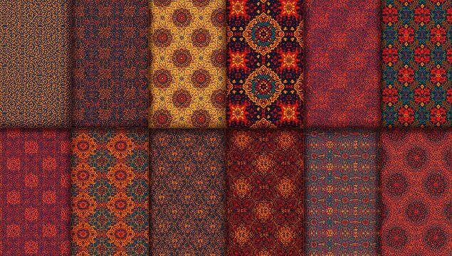 Seamless ethnic geometric designs on colorful backdrops for interior decor, textiles, and fashion, aesthetic versatility
