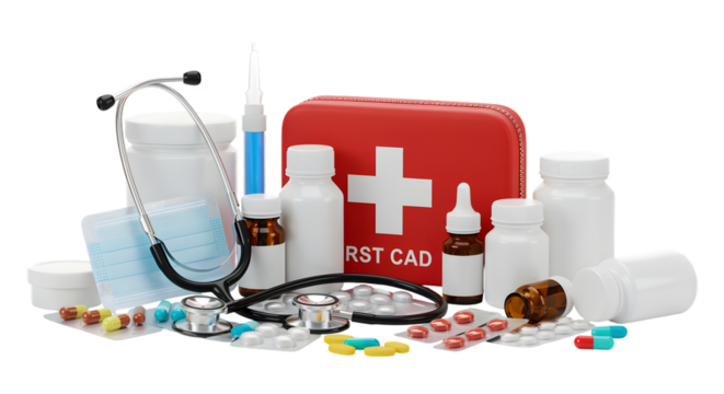 Assortment Of Medical Supplies Including First Aid Kit And Pills health medicine isolated on a transparent background