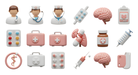 Medical Icons Including Doctors, Pills, Syringes, and Brains healthcare nurse isolated on a transparent background