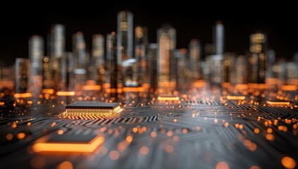 Glowing cityscape artfully depicted on a circuit board, symbolizing tech advancement
