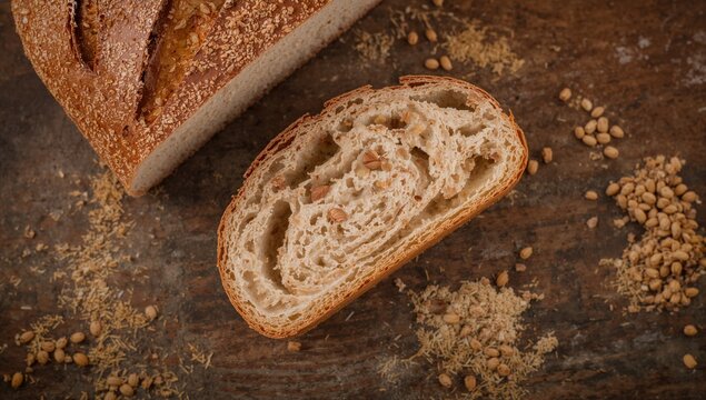 Overhead view of a slice of artisan bread, showcasing its texture and quality, food appreciation - Powered by Adobe