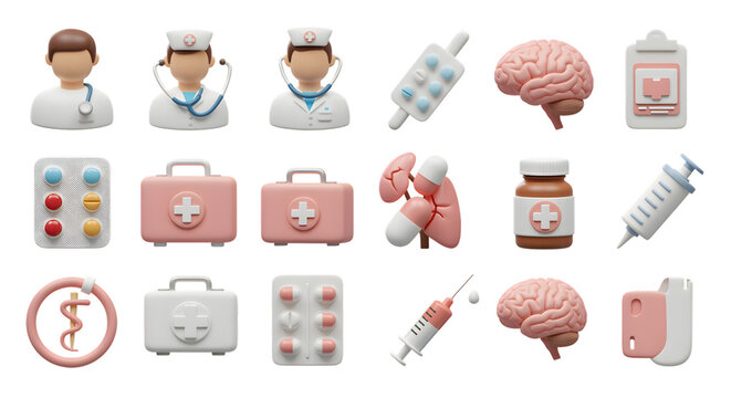 Medical Icons Including Doctors, Pills, Syringes, and Brains healthcare nurse isolated on a transparent background