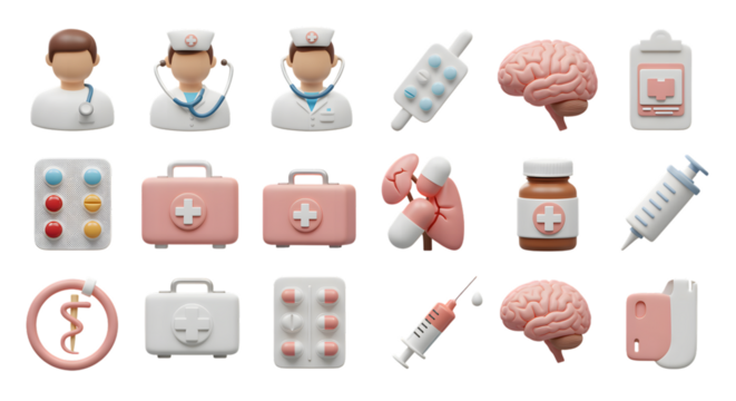 Medical Icons Including Doctors, Pills, Syringes, and Brains healthcare nurse isolated on a transparent background