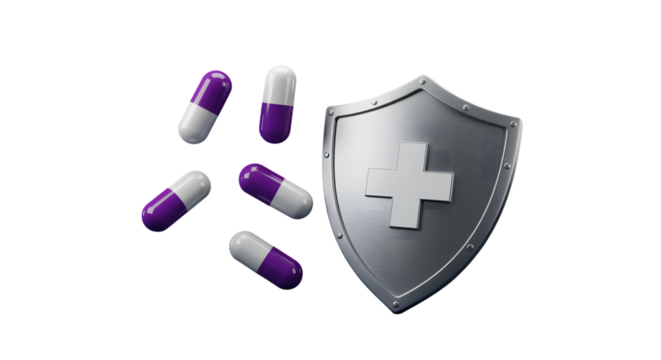 Purple and White Capsules Scatter Around a Silver Shield with White Cross medicine health isolated on a transparent background