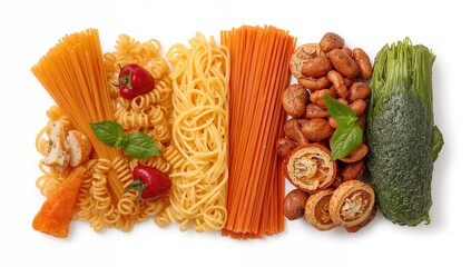 Top view of a variety of healthy food items on a white background, beneficial meal options