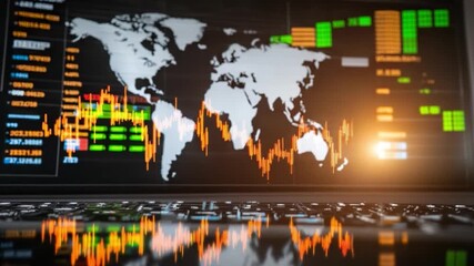 Global Finance Analysis: A close-up view of a laptop displaying intricate financial data overlays a map of the world, creating a visual symphony of economics and information technology. - Powered by Adobe